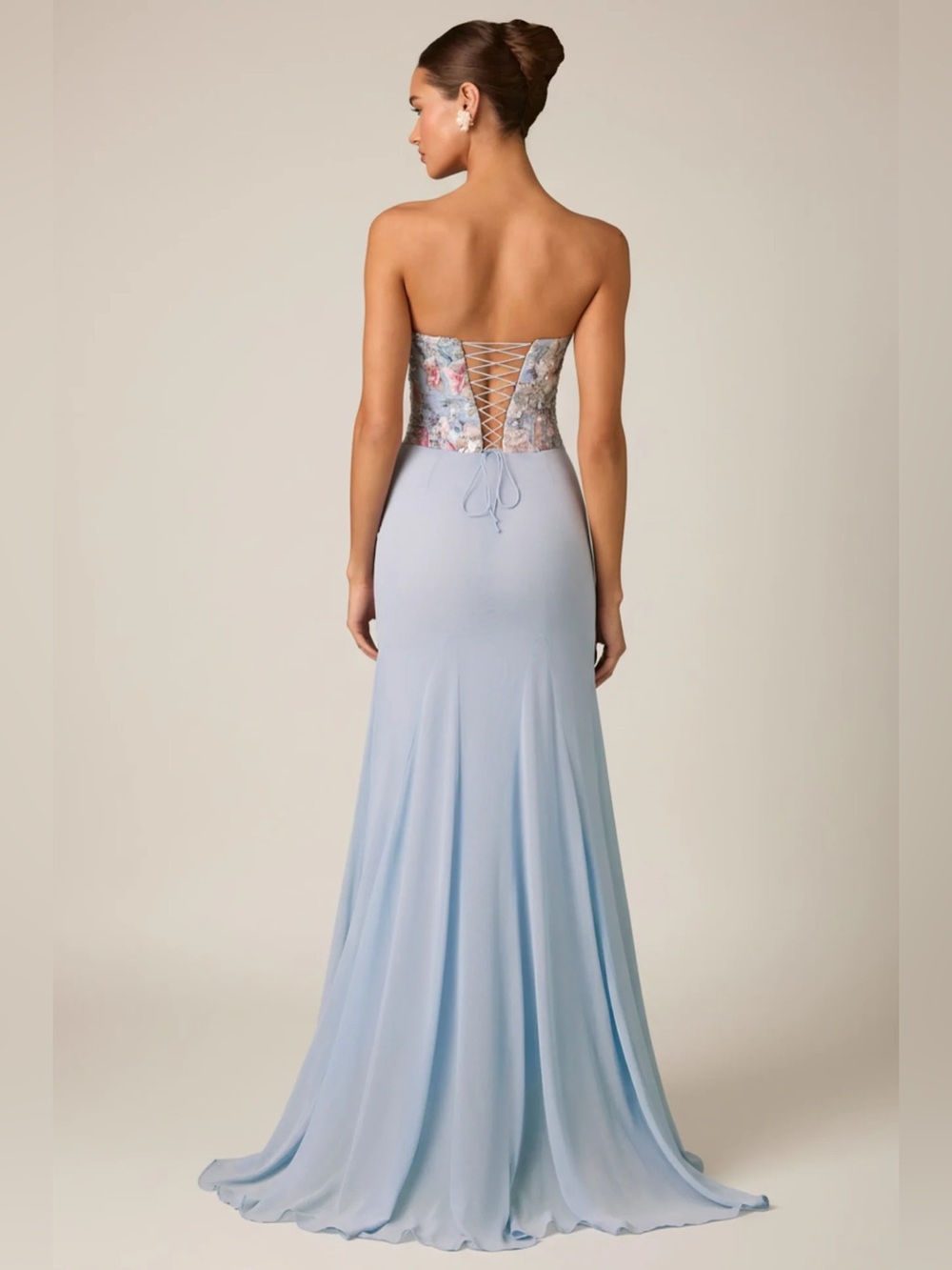 NWT Oh Polly Lysana Embellished Corset Fishtail Gown in Floral Blue - Picture 2 of 7